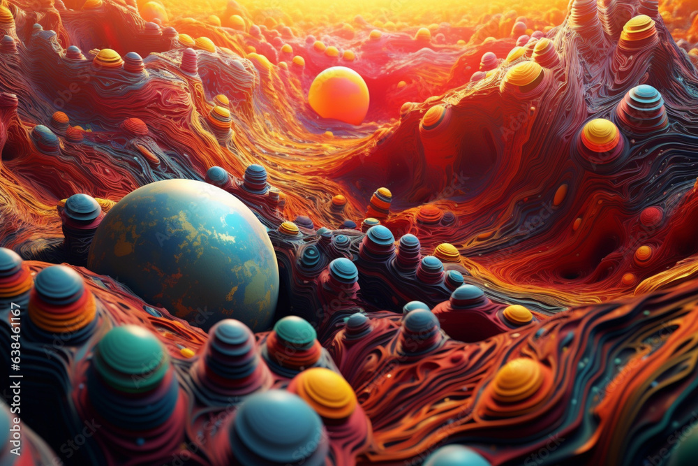 Poster  visually striking fusion of geometric patterns and cosmic landscapes, creating a surreal and captivating representation of an abstract planet.. Generative AI technology