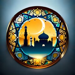 crescent islamic moon with blue silhouette mosque, for ramadan kareem and eid mubarak celebration. ramadan and eid celebration concept.