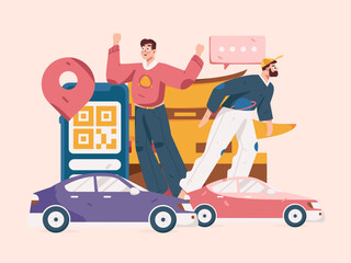 Flat vector concept operation hand-drawn illustration of people taking a taxi
