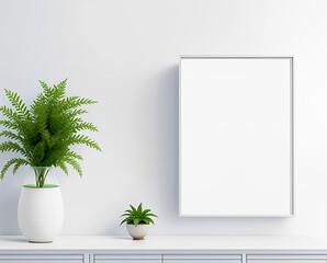 Fototapeta premium Empty frame mockup on white wall background next to artificial plants.