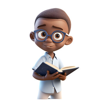 3D Render of an African-American boy with glasses reading a book