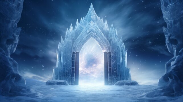 A majestic ice castle with dual gates at its center