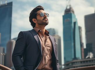 Fototapeta premium Indian man looking up at business on background of city by the water