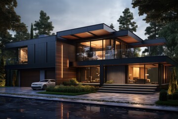 Modern villa in the evening