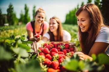 Girls with strawberries on sunny day