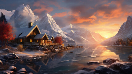 Fantastic winter landscape. Dramatic sunset over fjord - obrazy, fototapety, plakaty