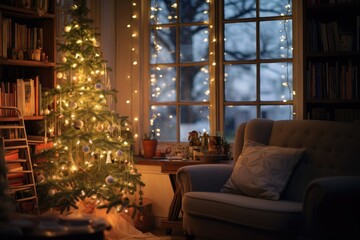 Christmas, New Year interior with decorated fir tree, gift boxes. Generative AI