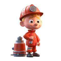 Obraz na płótnie Canvas 3D Render of a Little Fireman with a fire hydrant