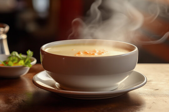 Bowl of delicious and steaming hot bisque soup on restaurant table.