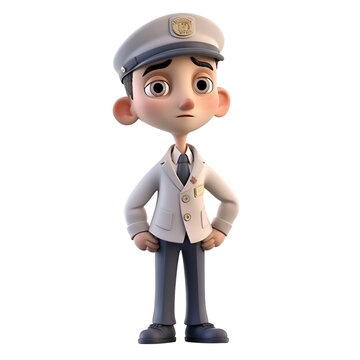 3D illustration of a cartoon character with a police cap and uniform