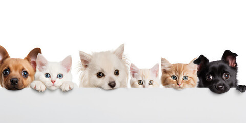 Cute and funny dogs and cats peeking out from behind empty white blank banner with copy space, banner template.
