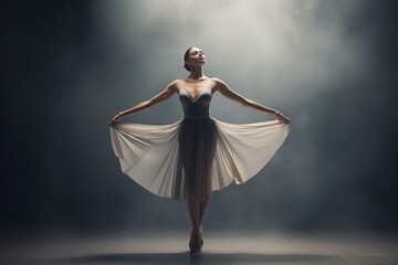 Young beautiful ballerina in white dress dancing in the dark studio