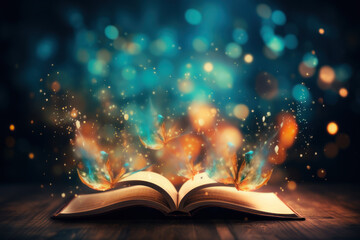 An open book with pages turning into flaming burning butterflies representing knowledge or imagination.