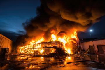 Fototapeta premium A factory warehouse is on fire
