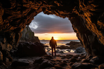 A man stands at the mouth of a cave looking at the sunset scenery outside - Powered by Adobe