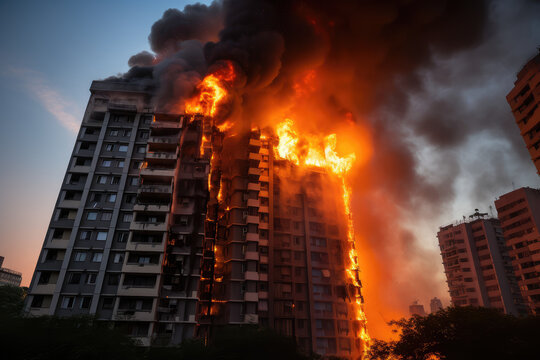 A high-rise residential building is on fire