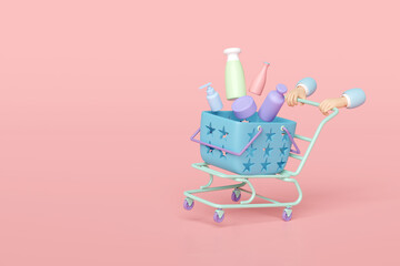 3d hand pushing a shopping cart with miscellaneous isolated on pink background. enjoy shopping concept, 3d illustration render