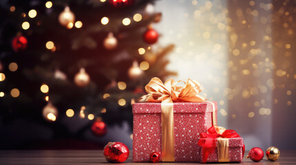 Christmas themed material with presents and a beautiful Christmas tree at home
