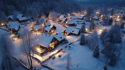 Aerial photography of a beautiful snow covered village in winter evening