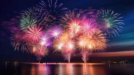 A large-scale firework show in the festival, gorgeous fireworks bloom in the sky and reflect in the water