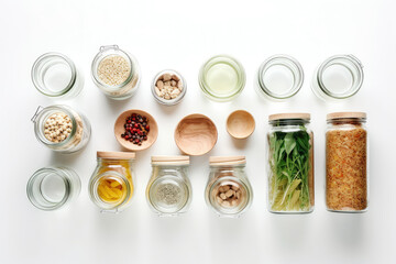Various food in glass kitchen crisper jars, in front of white background