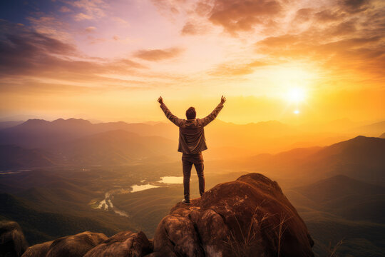 A man stands on top of a mountain and looks into the distance at sunset, concept image of success
