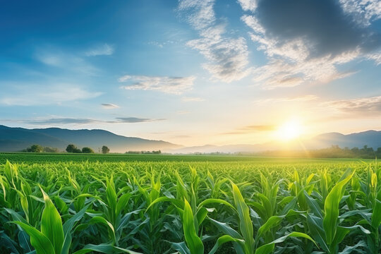 Green farm field at evening sunset