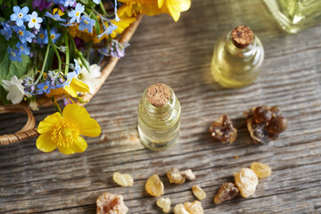 A bottle of essential oil with frankincense and spring flowers
