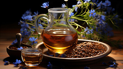Linseed oil and flax seeds against a background of flax flowers on the wooden table. - obrazy, fototapety, plakaty