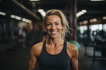 Portrait of smiling young woman looking at camera at crossfit gym