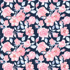 Floral seamless pattern with pink roses and blue leaves on a dark blue background. Watercolor flowers, gently painted for fabric, home textile, wrapping paper, stationery goods