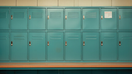 Сloseup of school locker. Minimal style creative wallpaper with many school metal lockers. 