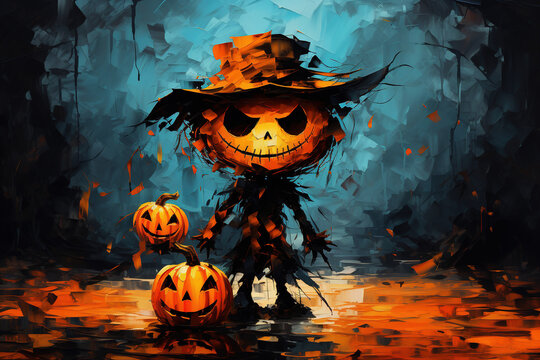 Pumpkin monster. Oil painting greeting card for Halloween. Generative AI