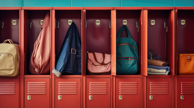 Сloseup Of School Locker. Minimal Style Creative Wallpaper With Many Open School Metal Lockers With Cloths. 
