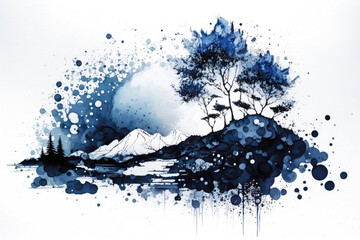 Blue ink style trees, AI generated