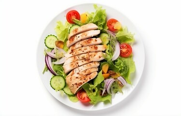 Healthy keto lunch concept Chicken fillet with salad, top view on white background. Generative AI