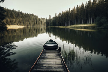 A boat by a lake in a forest, AI generated