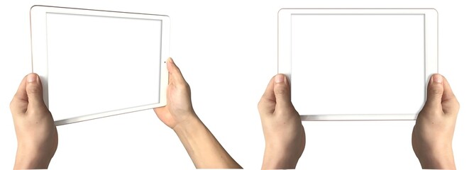 Hand holding horizontal view digital tablet computer on transparent background cutout, PNG file. Mockup template for artwork design. Two perspective positions, upright © Sandra Chia