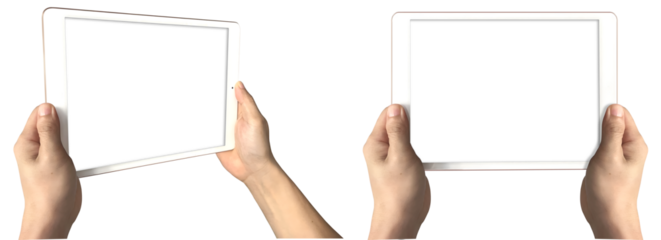 Hand holding horizontal view digital tablet computer on transparent background cutout, PNG file. Mockup template for artwork design. Two perspective positions, upright