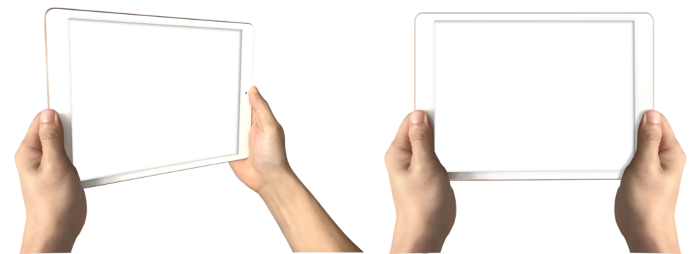 Hand holding horizontal view digital tablet computer on transparent background cutout, PNG file. Mockup template for artwork design. Two perspective positions, upright