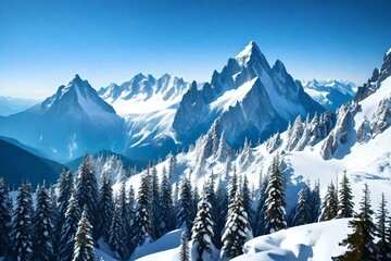 A majestic mountain range, towering against the backdrop of a clear blue sky. Snow-capped peaks stretch as far as the eye can see, their jagged edges creating a dramatic silhouette.