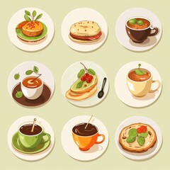 Flat vector set of various dishes. Detailed food icons, graphic.