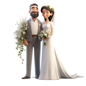 3D illustration of a cartoon bride and groom isolated on white background
