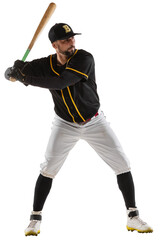 Man, baseball player in uniform, standing in position to hit ball with bat isolated on transparent...