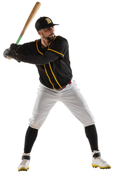 Man, baseball player in uniform, standing in position to hit ball with bat isolated on transparent background. Concept of professional sport, hobby, competition, game, active lifestyle.
