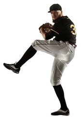 Man, athlete, baseball player in full uniform throwing ball, playing isolated on transparent...