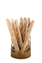 A fresh bread French baguettes in a basket and isolated on white background