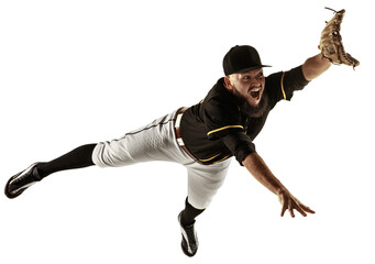 Competitive man, baseball player in motion, catching ball and falling down isolated on transparent background. Concept of professional sport, hobby, competition, game, active lifestyle.