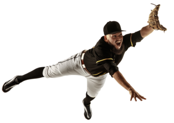 Competitive man, baseball player in motion, catching ball and falling down isolated on transparent background. Concept of professional sport, hobby, competition, game, active lifestyle.