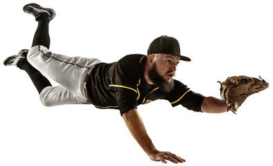 Motivated man, baseball player in motion, catching ball and falling down isolated on transparent background. Concept of professional sport, hobby, competition, game, active lifestyle.